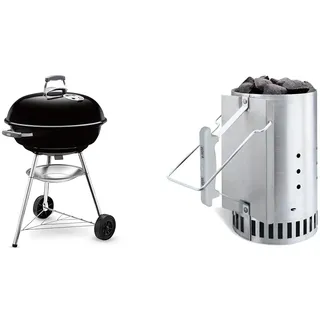 Weber 1321004 Holzkohlegrill Compact Kettle, Durchmesser 57 cm, Schwarz, Kugelgrill & 7416 Anzündkamin Rapidfire, Grillen mit Kohle, Anzünden
