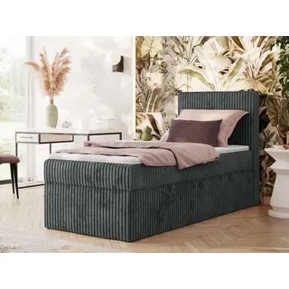 MKS Meble Boxspringbett 90x200 TILIANO, Einzelbett mit Multipocket-Matratze, Stauraumbett, gepolstert Kopfteil - Topper T25 - H3 - Grau Cord - Rechts Seite - Grau