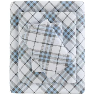 Sleep Philosophy True North by Kuscheliges Flanell-Bettwäsche-Set, 100% Baumwolle, Bedruckt, Tiere, Sterne, niedlich, ultraweich, für kaltes Wetter, Queen-Size-Bett, Blau, kariert, 4-teilig