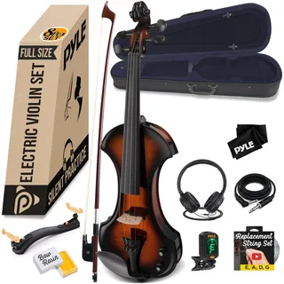 Pyle E Geige, 4/4 Elektrische Violine aus Massivem Holz, Electric Stille Violine in Volle Größe mit Kopfhörer, Extra Saiten Set, Bogen, Audiokabel, Schulterstütze, für Anfänger und Fortgeschrittene