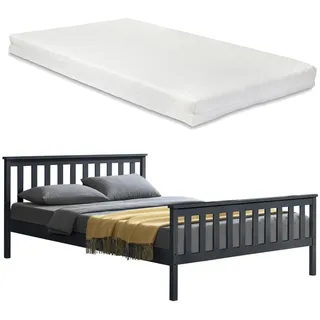 [en.casa] Holzbett mit Matratze - Textil , Kiefer , 180x200 cm , Schlafzimmer, Betten