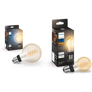 Philips Hue White E27 Filament G93 550lm, warmweißes Licht, dimmbar & White E27 Filament A60 550lm, warmweißes Licht, dimmbar, steuerbar via App, kompatibel mit Amazon Alexa (Echo, Echo Dot)