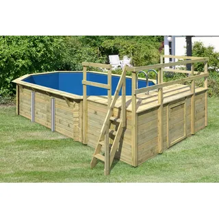 Karibu Achteckpool "PALMA Set D BxLxH: 358x569x124 cm, mit Sonnendeck und 2 Eck-Terrassen" 38 mm starke Holzbohlen aus Fichtenholz, braun