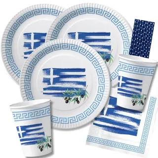 56-teiliges Party-Set Griechenland - Teller Becher Servietten Trinkhalme für 10 Personen