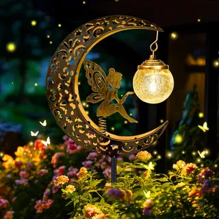 Solarlampen für Außen Gartendeko für Draußen Wetterfest, Metall Mond Solar Lichter LED Glaskugel Gartenleuchte, Elfe/Blumenfee Solarleuchte Garten Deko für Terrasse, Balkon, Gehwege, Hof, Geschenk