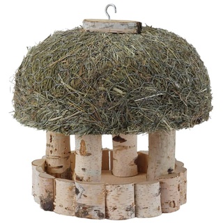 Dehner Natura Premium Futterhaus Stuttgart, Futterstation für Wildvögel mit Heudach, Vogelhaus hochwertig / hängend, inkl. Haken zum Aufhängen, ca. Ø29 cm, Birkenholz / Heu, natur