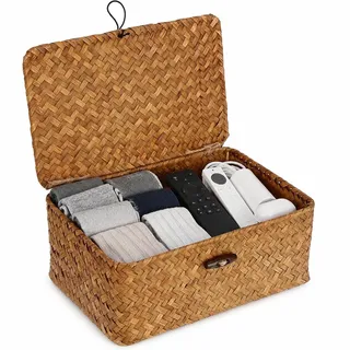 Aufbewahrungskorb Seegras Korb mit Deckel, 26x16x10cm, Handgeflochten Natur | Rechteckig Rattankorb Weidenkorb, Rattan Box mit Stabilem Drahtgestell, Aufbewahrungsbox für Badezimmer, Wohnzimmer, Küche, M