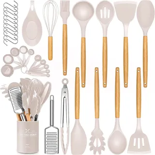 34-teiliges Silikon-Küchenutensilien-Set, hitzebeständiges Utensilien-Set mit hochwertigen Edelstahl-Griffen zum Kochen und Backen, Antihaft-Pfannenwender, Küchenhelfer, Kochgeschirr-Set