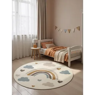 Hanse Home Adventures Kinderteppich Rund Skyla - Kinderzimmerteppich Regenbogen, Wolken Herz Motiv, Spielteppich Bunt, Junge, Mädchen, Teppich Kinderzimmer, Wohnzimmer - Creme Multifarben, Ø160cm