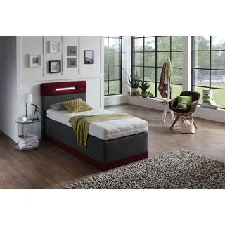 Boxspringbett, rot (bordeaux, anthrazit), Ohne Topper, Liegefläche B/L: 100cm x 200cm, H3, 5-Zonen-Tonnentaschen-Federkernmatratze, Bezug Obermatratze 100% Polyester, waschbar bis 60C;Bezug Unterbox und Kopfteil: Mikrofaservelours (100% Polyester), WESTFALIA SCHLAFKOMFORT, Komplettbetten, Boxspringbett, mit LED-Beleuchtung