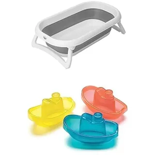 Bundle aus Rotho Babydesign Baby Badewanne Faltbar 2 Go, Für Babys ab 0 Monaten, 82 x 48,5 x 22 cm, Grau/Weiß, + Playgro Badeboote, 3 Stück, BPA-frei, Ab 6 Monaten, Bright Baby Boats, Blau/Rot/Gelb
