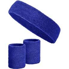 3-teiliges Schweißband-Set mit 2X Schweißbändern für die Handgelenke + 1x Stirnband für Damen & Herren (Blau)