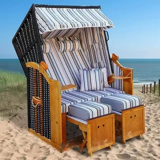 Strandkorb Rügen Deluxe | für 2 Personen | 120cm breit | 5 Designs | inkl. wetterfeste Abdeckhaube | verstellbare Rückenlehne weiches Fußkissen | Grau/Blau/Olive - gestreift