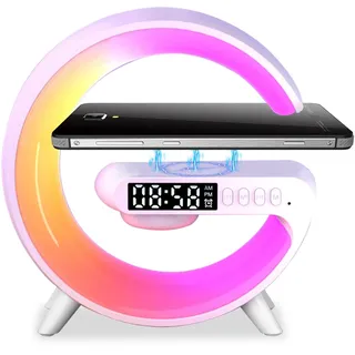Nachttischlampe mit Wecker und Ladefunktion, 5W G Lampen mit Musik Dimmbar Atmosphärenlampe mit Ladefunktion LED Lampe Bluetooth Lautsprecher, Intelligente Tischlampe mit 10 Lichtfarbe (Weiß)