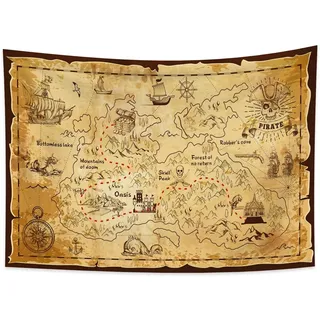 YONGFOTO Schatzkarte Wandteppich Piratenkarten Piratenflagge Westliche Schatzinsel Route Navigation Alte Weltkarte Poster Wandbehang Tapisserie für Wohnheimdeko Sofa Bettüberwurf, 100x70cm