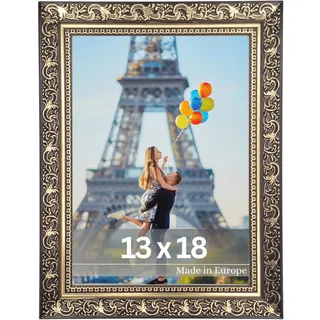 VictoR Bilderrahmen Vinci - 13x18cm - Schwarz Gold - Vintage Barock - verzierte Leiste 22x20mm - bruchsicheres Acrylglas - MDF-Rückseite - für Hoch- und Querformat - Made in Europe