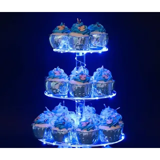 Ulifeme 3 Etagen Cupcake Ständer, Blau LED Lichterkette de Tortenständer Acryl für Hochzeit, Party, Geburtstag, Baby Duschen & Kuchen Dessert, Torten Etagere 3-stöckig, Runder Cupcake Stand