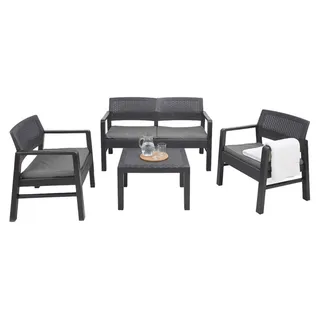 Outdoor-Lounge-Set Dauter, Gartengarnitur mit 2 Sesseln, 1 Sofa und 1Couchtisch, Sitzecke in Rattan-Optik mit Kissen, 100 %  Italy, Anthrazit - Schwarz