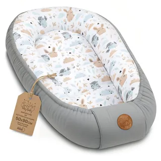 Babynest babynestchen neugeborene mit tragegriff 90 x 50 cm baby nestchen tragbar nest für bett kinder kuschelnest coccon für Jungen und Mädchen Eulen Hellgrau