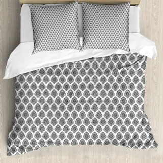 ABAKUHAUS Schwarz und weiß Bettbezug, Orientalischer Damast, Milbensicher Allergiker geeignet mit Kissenbezügen, 200 cm x 200 cm - 80 x 80 cm, Schwarz-Weiss - Schwarz