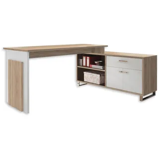 Stella Trading Eckschreibtisch in Eiche Sonoma Optik, Weiß - Moderner Bürotisch Computertisch mit großer Arbeitsfläche und Sideboard - 140 x 76 x 65 cm (B/H/T)