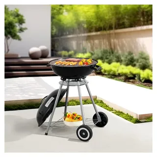 Kugelgrill Apricena Holzkohlegrill Rundgrill BBQ Grillwagen mit emailliertem Edelstahlrost, 2 Rädern und abnehmbarem Deckel, 80 x 49 x 47 cm, Schwarz - Schwarz