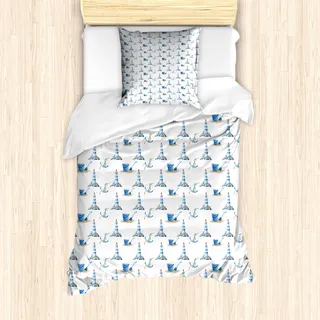 ABAKUHAUS Leuchtturm Mantele, Hand gezeichnet Strand, Milbensicher Allergiker geeignet mit Kissenbezügen, 135 cm x 200 cm - 80 x 80 cm, Blau Weiss - Blau