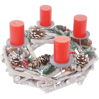 MCW Adventskranz Rund Holz Ø 35cm mit Kerzen Rot,