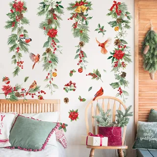 decalmile Weihnachten Fenster Wandtattoo Hängende Rebe Pflanzen Weihnachten Wandsticker Grüne Blätter Weihnachtsblumen Vogel Kinderzimmer Schaufenster Fensteraufkleber Weihnachtsdekoration