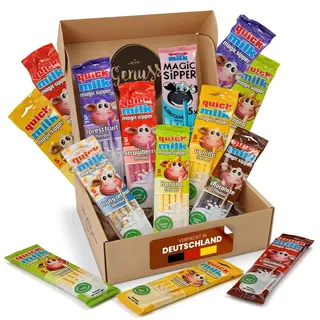 Genussleben® Quickmilk® Trinkröhrchen Sortenmix 105 Stück – Vorratspackung in vielen Geschmacksrichtungen – aromatisierte Milch-Trinkhalme für Kinder & Familie als Geschenk- oder Vorratsbox