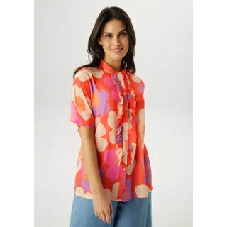 Chiffonbluse ANISTON SELECTED, Damen, Gr. 44, orange, flieder, beige, apricot, rosa, Web, Obermaterial: 100% Polyester, bedruckt, geblümt, gemustert, figurumspielend hüftbedeckend, Blusen Chiffonbluse, kleiner Stehkragen und längs verlaufende Volants - NEUE KOLLEKTION