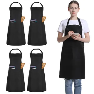 4 Packs Kochschürzen, Unisex verstellbare Schürzen mit 2 Taschen, personalisierte Schürzen für Männer Frauen, professionelle Schürze für Kochen, Gartenarbeit, Küche, Restaurant, Kaffeehaus (Schwarz)