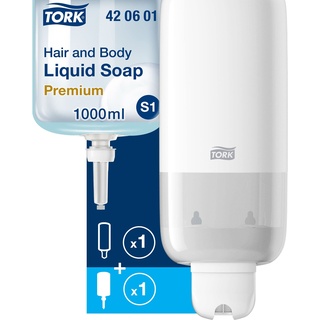 Tork Seifenspender - Sparsam, auslaufsicher S1/S11, Weiß + Hair & Body Flüssigseife Nachfüllpackung, 1 x 1000 ml