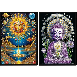 JISHSHAY 2er Set Diamond Painting Notizbuch Sonne Diamant Painting Notizbücher Buddha Diamaond Malerei Notebook Diamant Malerei Notizblock Diamantmalerei Journal Crystal Art Tagebuch 14.5×21cm