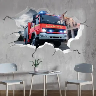 tjapalo® P62 3D Wandtattoo Mit Namen Feuerwehr Auto Wandaufkleber Kinderzimmer Junge Wandsticker Feuerwehr Kinder, Größe: B100xH58cm