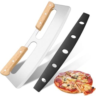 KUONIIY Pizza Wiegemesser, Pizzaschneider mit Doppeltem Holzgriff, Pizzamesser aus Edelstahl mit Schutzhülle, Geeignet zum Schneiden von Pizza, 35 cm