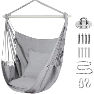 Goutime Schaukel Stuhl Große Hängematte Stuhl Weiche Baumwolle mit 2 Sitzkissen Kissen mit Tragetasche für Innen-/Außen-/Schlafzimmer Patio Garten Balkon, 150KG (Grau)