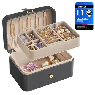 SONGMICS GISELLA Kollektion - Schmuckkästchen Reise mit 2 Ebenen, Schmuckkasten klein, Schmuckaufbewahrung, tragbar, für größere Accessoires, Geschenkidee, 11,6 x 16 x 7,5 cm, schiefergrau JBC166G01