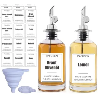 Pafusen 2 Packung Ölflasche Set für Küche, Olivenöl Flasche, Ölspender, Kaffeesirupspender für Speiseöl mit 20 Aufkleber Trichter, 350ml, Silber Ausgießer