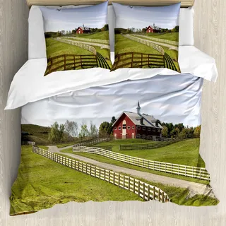 ABAKUHAUS Ackerland Bettbezug, Rural Landhaus, Milbensicher Allergiker geeignet mit Kissenbezügen, 200 cm x 200 cm - 80 x 80 cm, Mehrfarbig