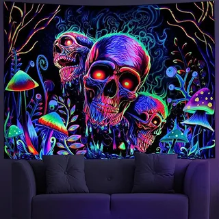 Reaktiver Totenkopf-Wandteppich für Schwarzlichtdekoration | Handgefertigter Wandteppich, leuchtende Farben, weiches Polyester, vielseitig einsetzbar für jeden Raum