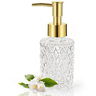 Retyion Mehrzweck-Seifenspender, leicht zu reinigen, Glas-Seifenpumpenspender, ideal für Bad und Badezimmer (Gold)