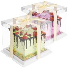 BELLE VOUS 2x transparente Kuchen Geschenke Transportbox 6 inch - 21x21x20cm - Geschenkbox Set durchsichtig mit Deckel - wiederverwendbare Geschenkbox transparent- Cake Boxes - Presentbox