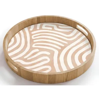 OnlyWow© Holztablett Küchentablett Servier Tablett Eiche Serviertablett | 40x40 cm - Rund - Eichenholz Servierplatte Mit Henkel Kaffeetablett Beige - Erde Muster