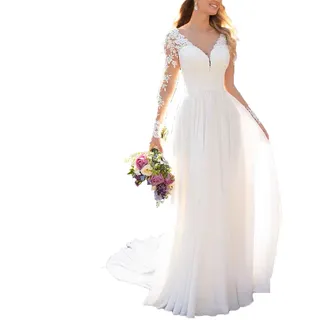 Findlovewedding Hochzeitskleider für Braut 2025 mit Spitzenapplikationen, Chiffon, A-Linie, Damenkleid, lange Ärmel, Strandkleid, Brautkleid