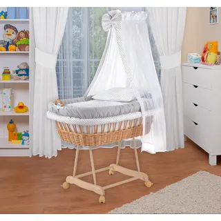 WALDIN Baby Stubenwagen-Set mit Ausstattung,XXL,Bollerwagen,komplett,grau/Punkte grau,Gestell natur - Grau