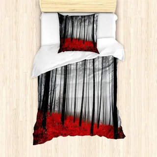 ABAKUHAUS Wald Bettbezug Set, Fantasie Rote Pflanzenkleid Nebeliges Wetter Dschungel Bäume Kunstvolles Muster, 135 x 200 cm + 80 x 80 cm, Schwarz Rot Hellgrau