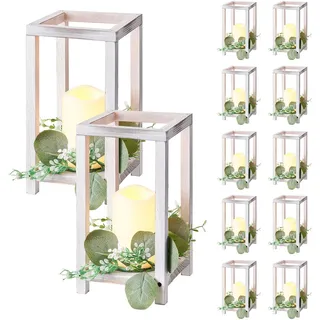 VEVOR 12er-Set, Holzlaternen, inkl. 12x Kerzenhaltern aus Holzlaternen, 12x flammenlosen LED-Kerzen, 12x Eukalyptusblätter-Kranz für Hochzeitstisch, Party, Bauernhaus-Dekoration, Weiß