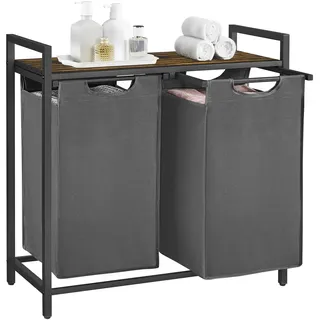 VASAGLE Wäschekorb 2 Fächer, Wäschesammler mit Ablage, Wäschebox, Wäschesack aus Oxford-Gewebe abnehmbar, Metallrahmen, 2 x 46 L, 73 x 33 x 72 cm, schiefergrau-vintagebraun BLH201G01