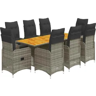 vidaXL 9-tlg. Garten-Bistro-Set mit Kissen Grau Poly Rattan - Grau